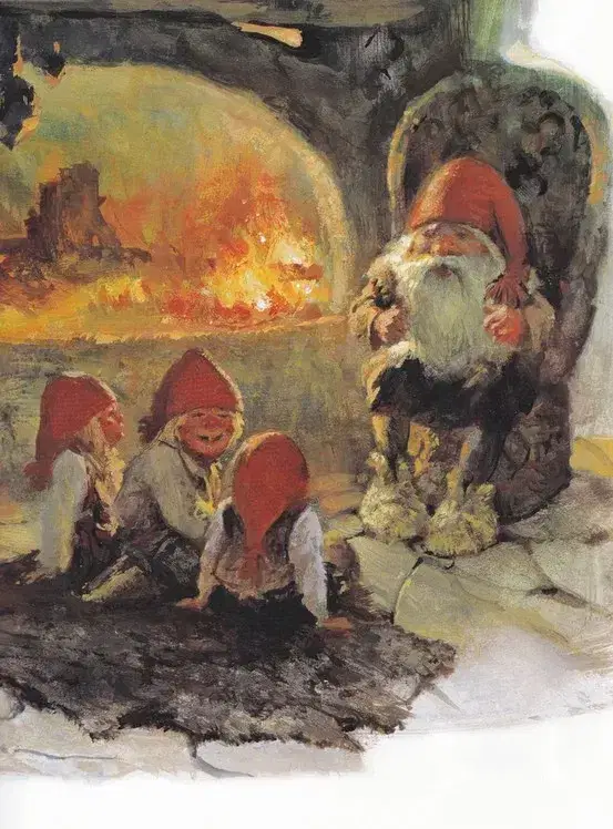 illustration of santa and elves by a fire
