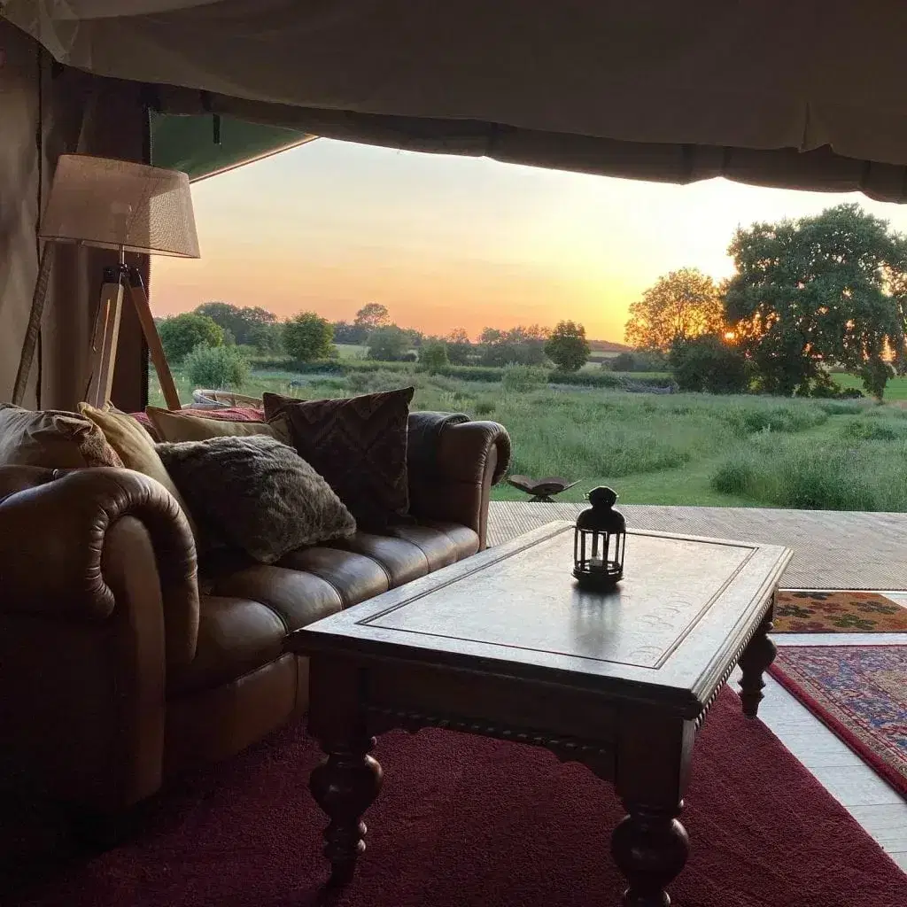Beautiful sunset from the inside of a safari tent