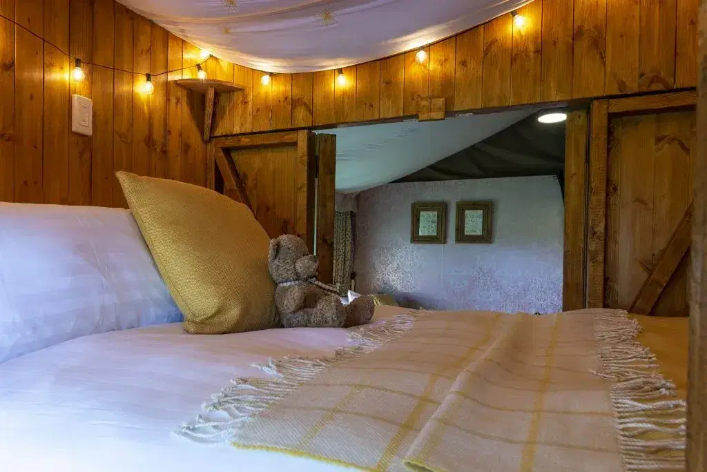 Cosy made up double cabin bed with teddy bear
