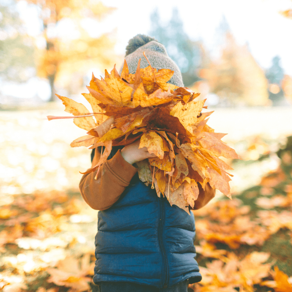 child having autumn half term fun with leaves outside