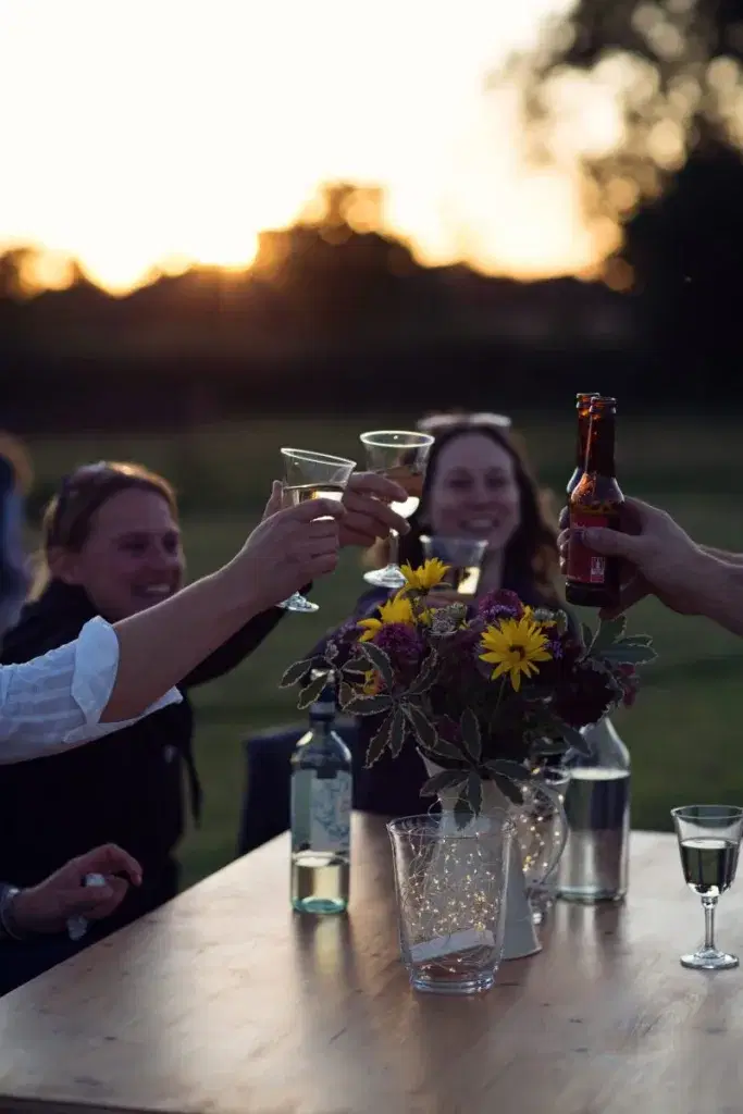 Group of people raising glasses at a table outside