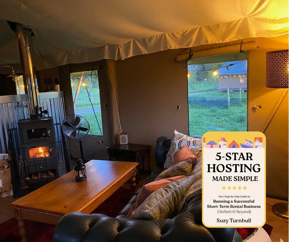 Living space and log burner at Meadow Field Luxury Glamping